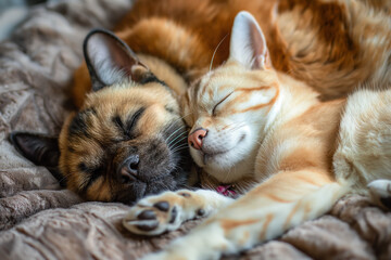 cats and dog sleep together isolate on background