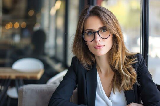 Confident young businesswoman wearing stylish professional glasses in a modern urban cafe, exuding elegance and sophistication, while showcasing her smart and sophisticated business attire