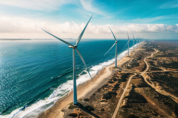 Aerial View of Coastal Wind Farm with Turbines Along Sandy Shoreline and Blue Ocean