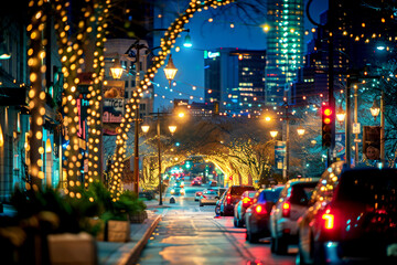 Festive city street at night with holiday lights and decorations.
