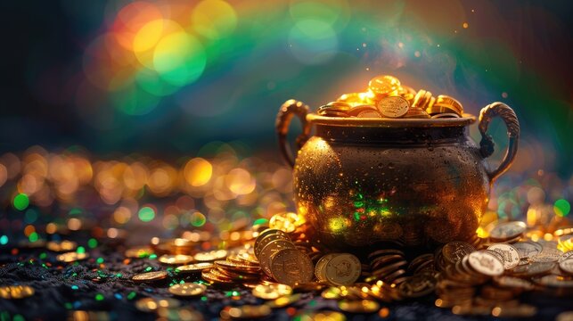 Pot of gold coins with a rainbow in the background.