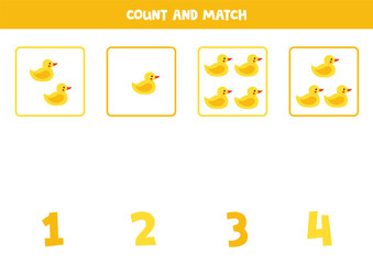 Counting game for kids. Count all rubber ducks and match with numbers. Worksheet for children.