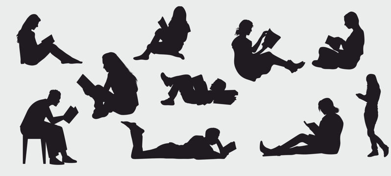 set of silhouette of people reading books standing, sitting and lying vector illustration 