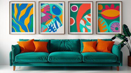 Vibrant living space with a teal sofa and four horizontal poster frames, each showing vibrant abstract designs, on a bright white wall.