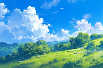 Obraz premium Idyllic Seaside Scene with Green Tree and City Horizon