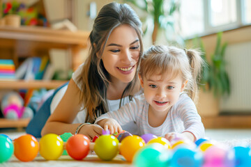 Shelves filled with colorful wooden toys and educational materials.