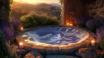 Frothy bath with candles around it on romanic SPA evening with some lavender flowers cozy relaxation atmosphere