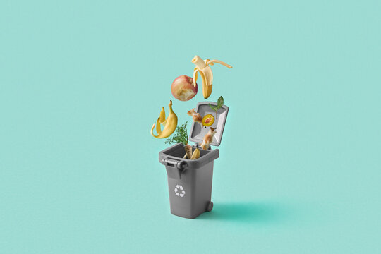 Mix of expired food waste floating above fray garbage bin