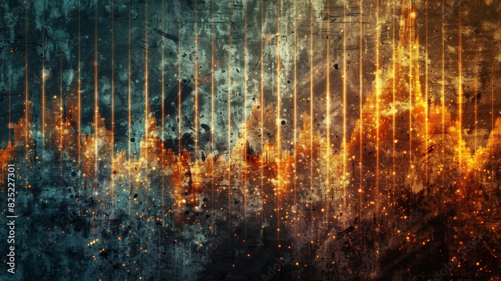 Poster A grungy music equalizer seamless loop background with distorted, textured bars pulsating and throbbing to the rhythm, set against a gritty urban backdrop.