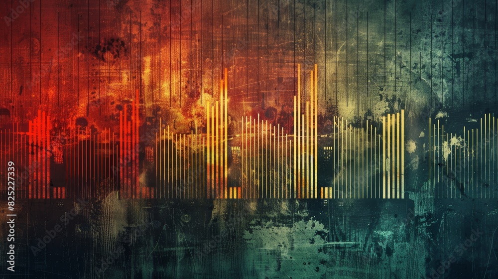 Aufkleber A grungy music equalizer seamless loop background with distorted, textured bars pulsating and throbbing to the rhythm, set against a gritty urban backdrop.