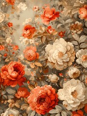 Fototapeta premium Fantasy vintage floral wallpaper, rich botanical clusters, warm and soft tones, closeup view, detailed and ornate patterns, enchanting and nostalgic ambiance, digital print
