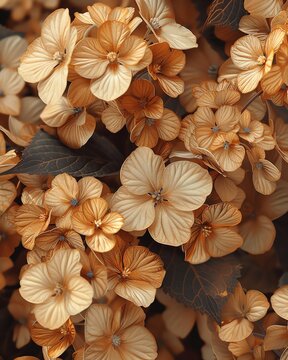 Fantasy vintage botanical wallpaper, lush flower clusters, warm sepia tones, macro view, intricate and elegant floral patterns, charming and nostalgic feel, digital background