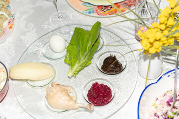 Close-Up Top View Of Seder Plate During Passover.