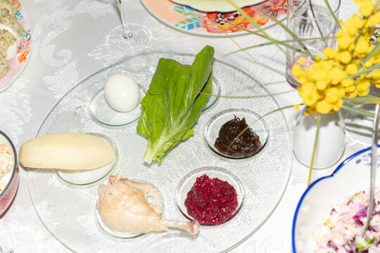 Close-Up Top View Of Seder Plate During Passover.