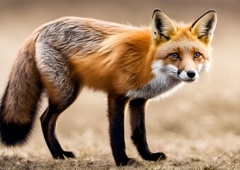 Fototapeta premium Side view of a two-year-old Red fox looking up, isolated on white.