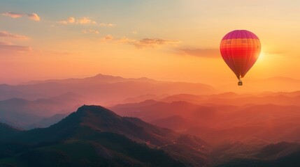 Fototapeta premium A hot air balloon floating gently through the air, offering a bird's-eye view of a breathtaking mountain sunset.