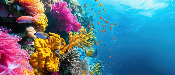 Vibrant underwater coral reef scene with colorful fish swimming, showcasing marine biodiversity and natural beauty.