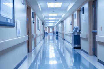 Clean and empty hospital hallway lit with fluorescent lights reflecting on the shiny floor