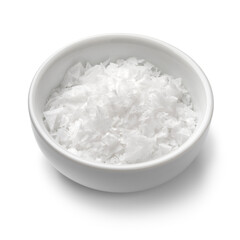 Glass bowl with white sea salt flakes isolated on white background close up