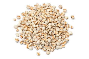 Heap of Chinese pearl barley close up isolated on white background