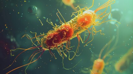 A magnified image of a bacteria cell, revealing its unique morphology and flagella.