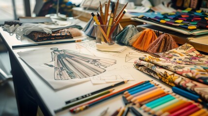 A designer's table with various fashion sketches, colored pencils, and fabric samples.