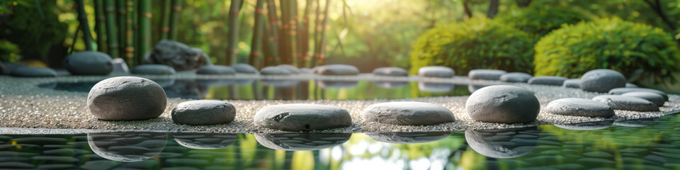 Serene Zen Garden with Spherical Stones and Calm Waters