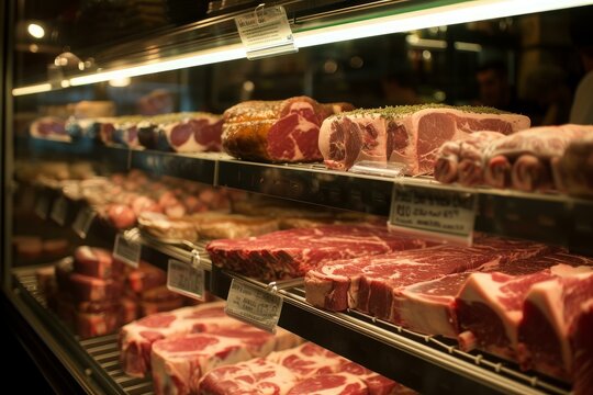 Detailed view of a butcher's meat display case, showcasing an array of fresh, premium cuts
