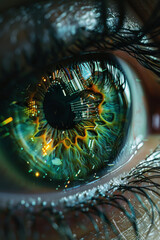Closeup of a Human Eye with Futuristic Green Reflections