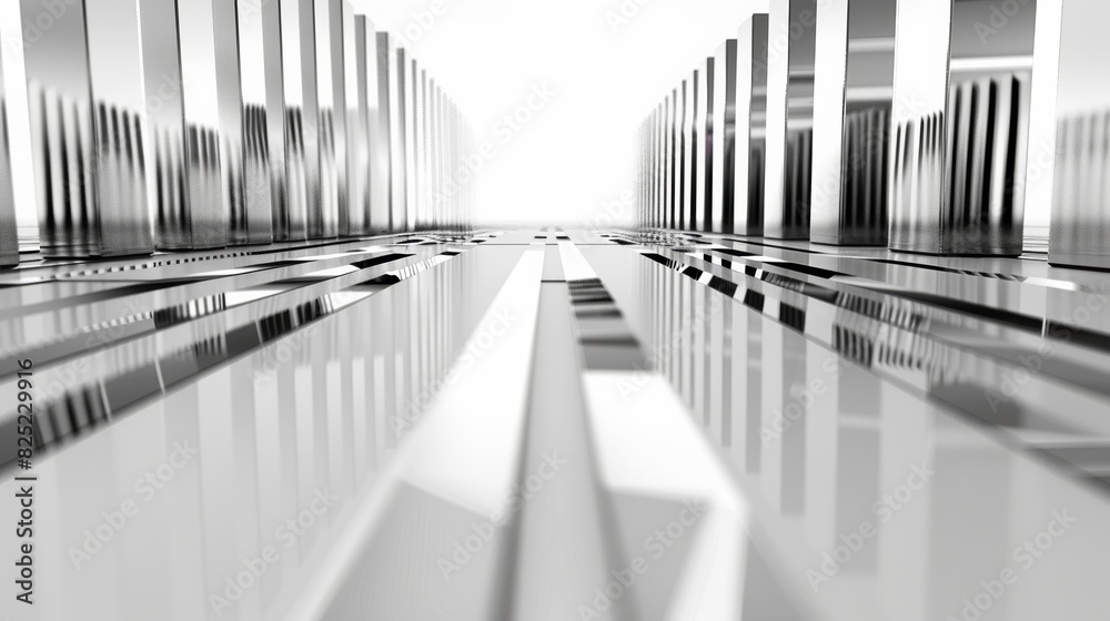 Poster A mesmerizing chrome music equalizer seamless loop background with reflective bars shimmering and undulating in a mesmerizing display, captured on a pristine white background.