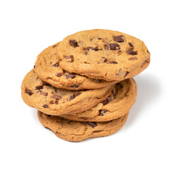 Heap of homemade sweet American chocolate chip cookies isolated on white background close up