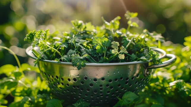 Fresh basil and thyme in a colander for kitchen or cooking themed designs