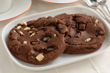 Plate with a pair of homemade sweet American chocolate chip cookies close up