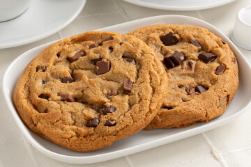 Plate with homemade sweet American chocolate chip cookies close up