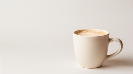 Creamy coffee in a white porcelain mug on a plain white backdrop with room for text Close up image from the side