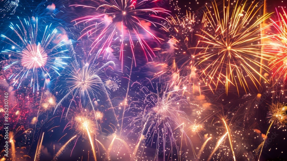 Poster A mesmerizing display of colorful fireworks exploding against a dark night sky, accompanied by a synchronized soundtrack.