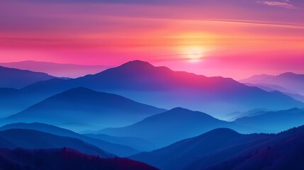 Beautiful sunrise over misty blue mountains with vibrant pink and purple sky. Serene and breathtaking landscape of nature's beauty.