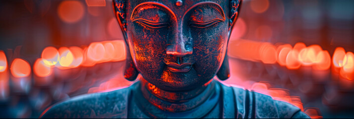 A statue of a Buddha with a red face and a blue body