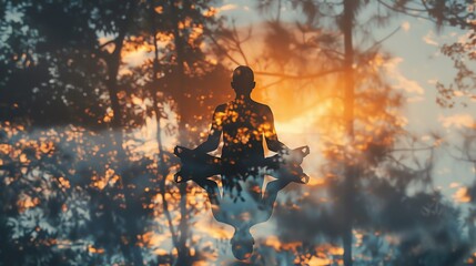 Fototapeta premium A serene silhouette of a person meditating amidst a peaceful forest backdrop with warm sunlight filtering through the trees.