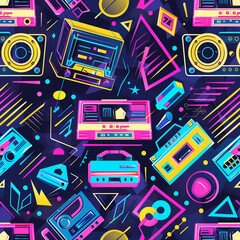A vibrant 90s background featuring bold neon colors and retro electronics like cassette tapes, boomboxes, and speakers. Perfect for nostalgic designs, retro themes, and vintage pop culture