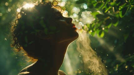 A close-up of a person taking a deep breath in a lush green forest, with sunlight streaming through the trees and fresh air filling their lungs.