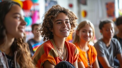 A group of diverse teenagers are sitting in a circle, smiling and talking