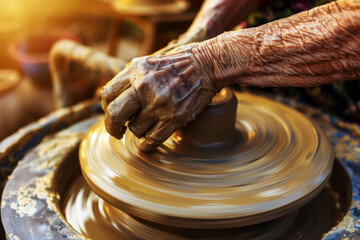 An old man is making pottery in a wheel