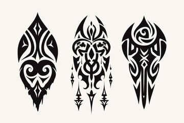 Neo tribal gothic tattoo set, retro futuristic y2k cyber symmetry shapes, vector dark roots branches. Metal music cover print, alien surreal illustration, sword, star grunge clipart. Neo tribal symbol