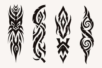 Neo tribal gothic tattoo set, retro futuristic y2k cyber symmetry shapes, vector dark roots branches. Metal music cover print, alien surreal illustration, sword, star grunge clipart. Neo tribal symbol