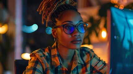 Obraz premium A young woman wearing glasses and a plaid shirt is sitting in front of a computer screen. She has a thoughtful expression on her face.