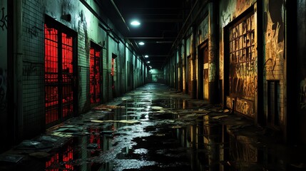 Capture the eerie essence of urban exploration through a rear view perspective with dimly lit alleyways