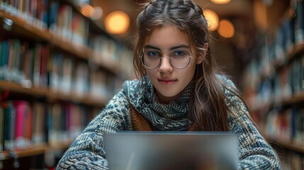A young woman wearing glasses is sitting in a library, looking at her laptop. She has long brown hair. She is wearing a blue sweater.