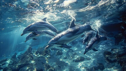 Obraz premium A group of playful dolphins swimming together in crystal-clear blue waters, their sleek bodies gliding effortlessly through the ocean, illustrating the freedom and joy of marine an
