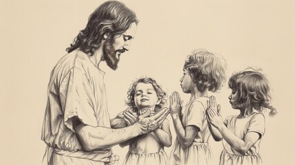 Obraz premium Jesus Blessing a Group of Children, Representing Innocence and Love, Biblical Illustration of Divine Affection